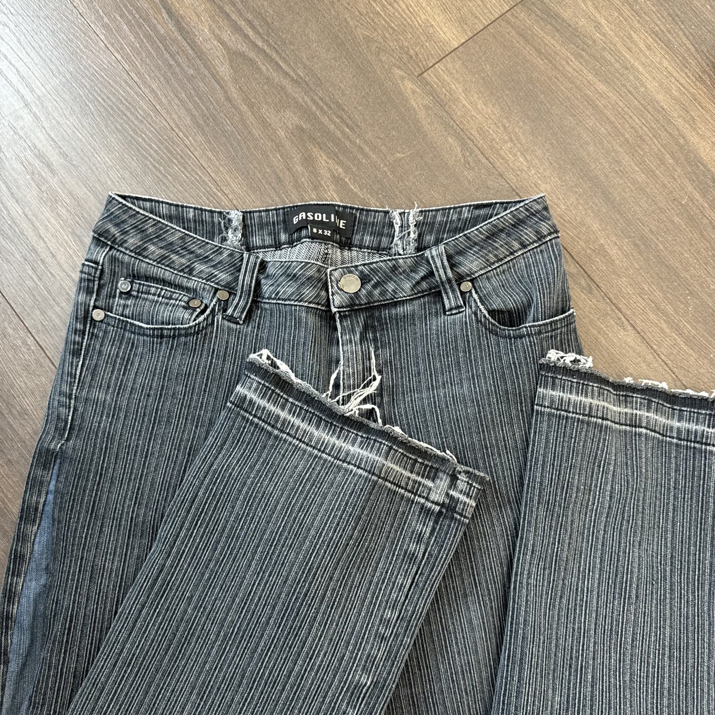 Vintage Gasoline Dark Wash Striped Bootcut Jeans with Embroidered Hem – view 9