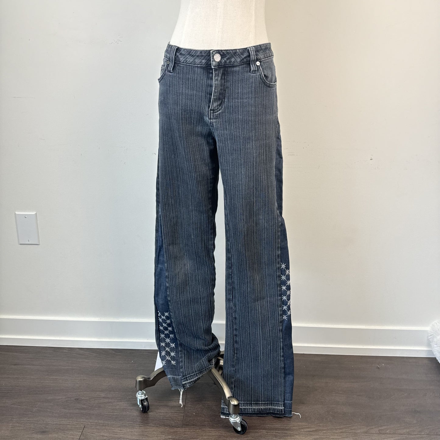 Vintage Gasoline Dark Wash Striped Bootcut Jeans with Embroidered Hem – view 2