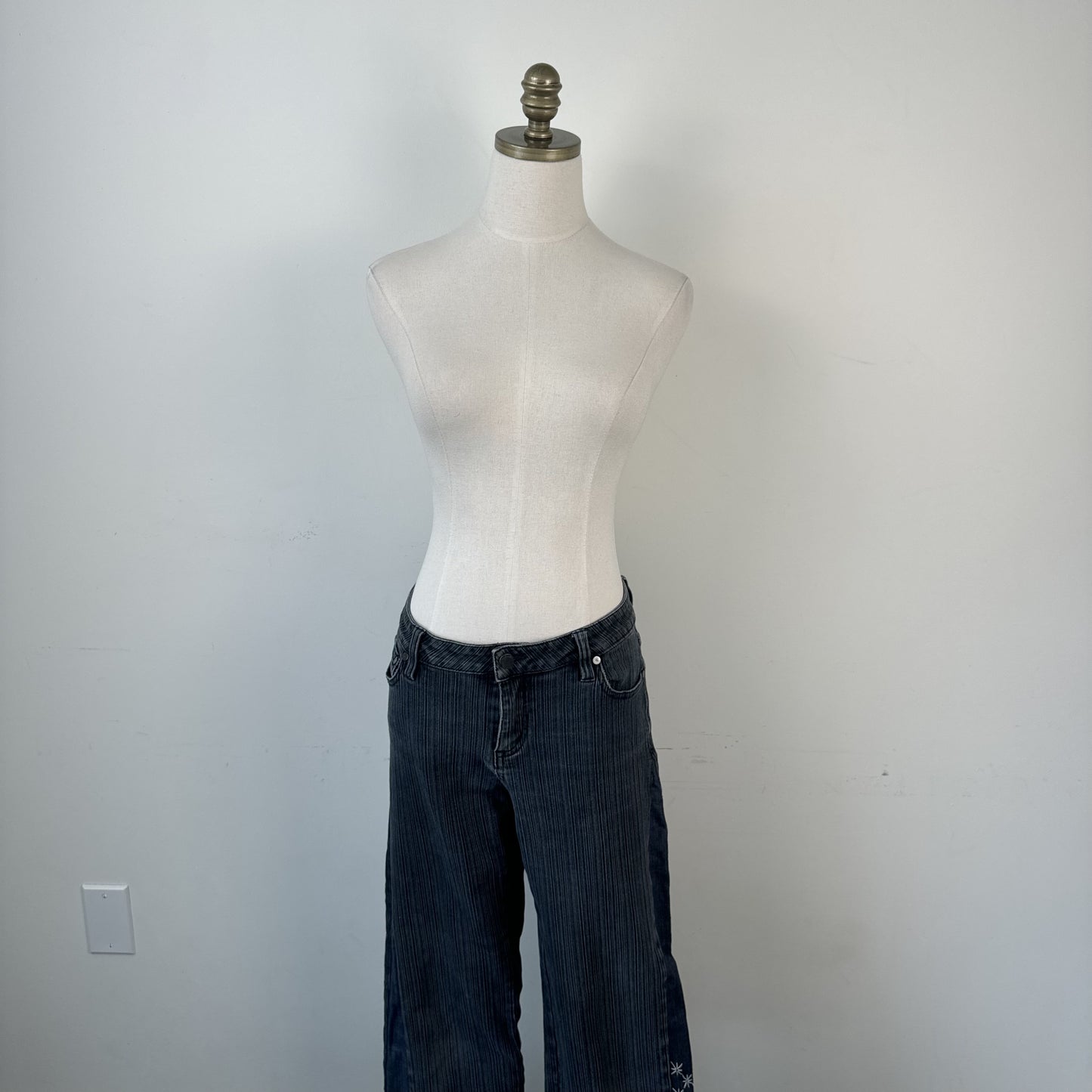 Vintage Gasoline Dark Wash Striped Bootcut Jeans with Embroidered Hem – view 3