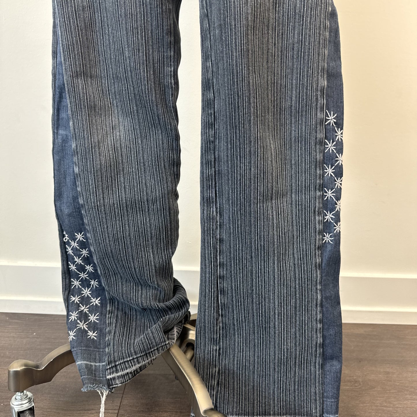 Vintage Gasoline Dark Wash Striped Bootcut Jeans with Embroidered Hem – view 7