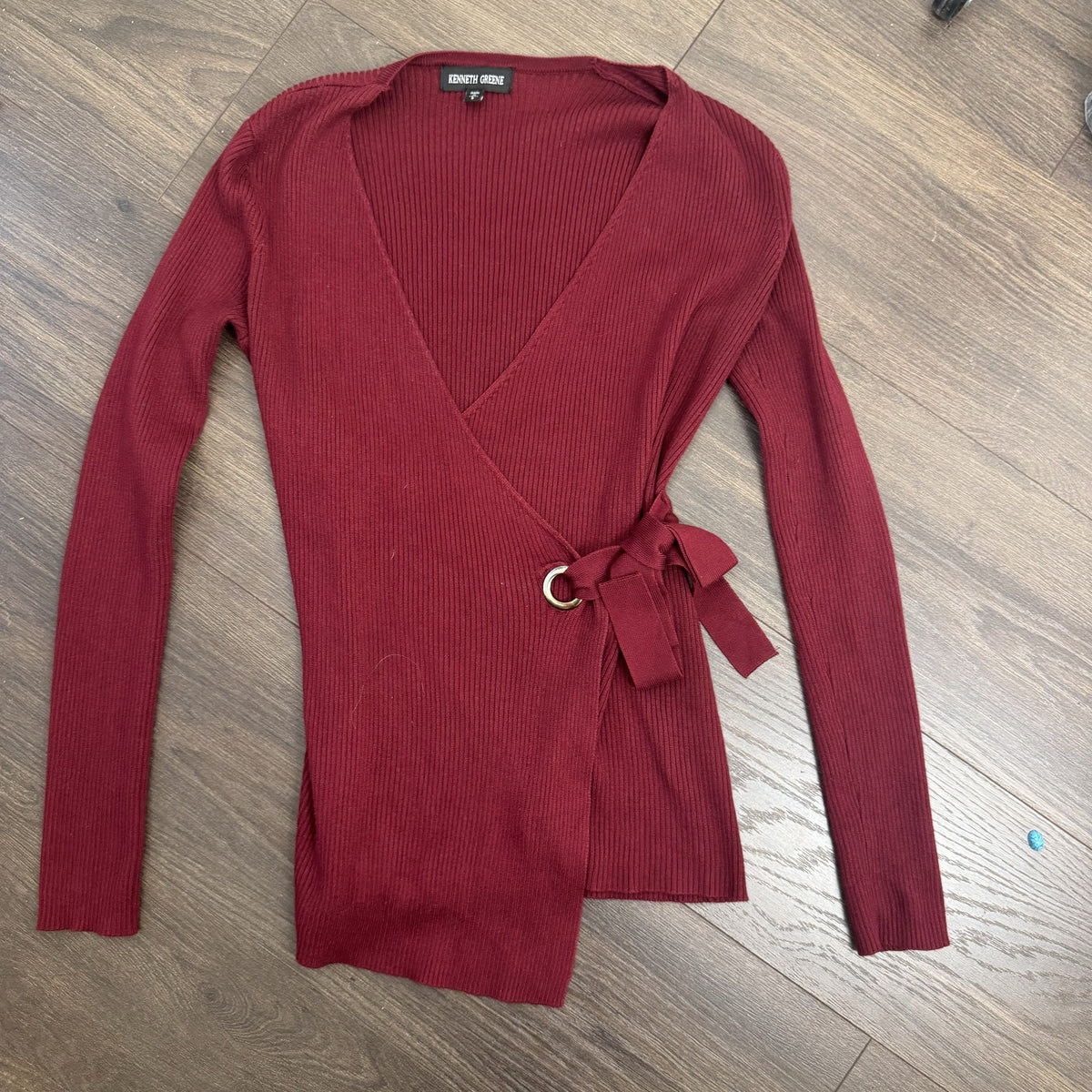 Burgundy Knit Long Sleeve Wrap Top with Tie Waist – view 6
