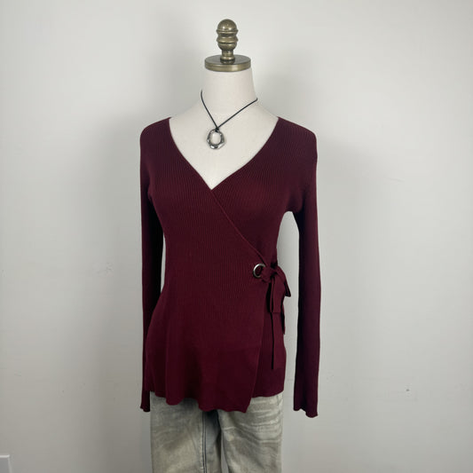 Burgundy Knit Long Sleeve Wrap Top with Tie Waist
