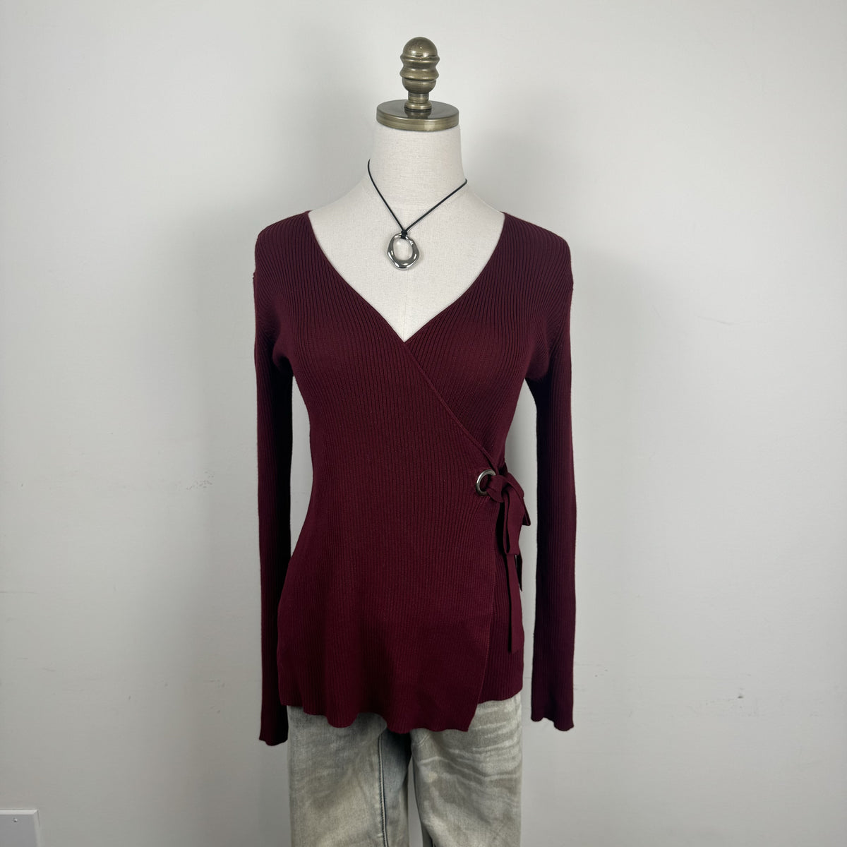 Burgundy Knit Long Sleeve Wrap Top with Tie Waist – view 2