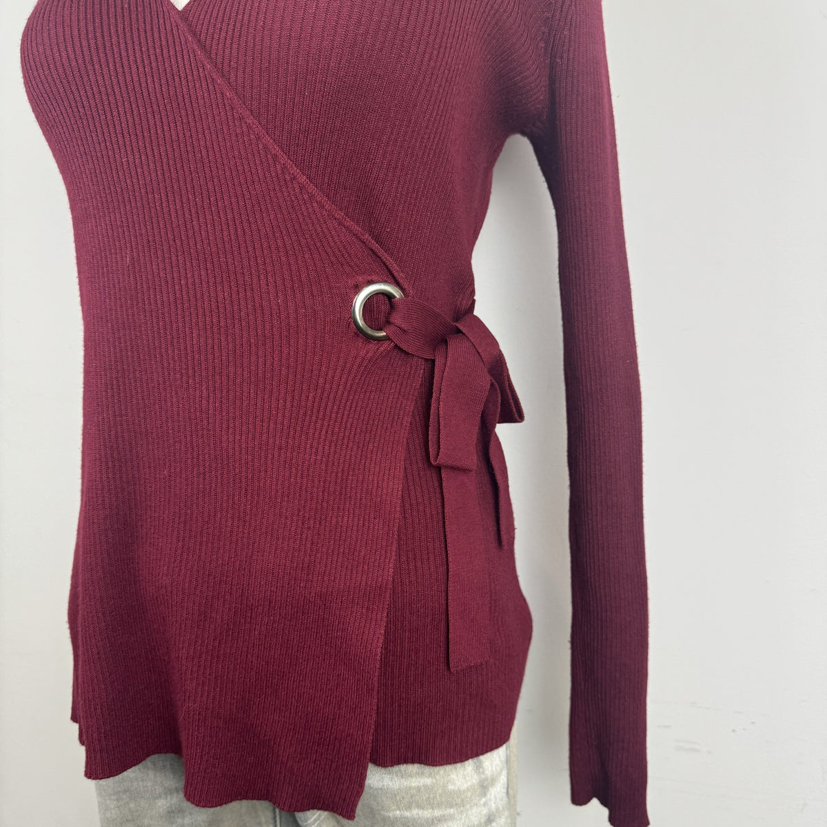 Burgundy Knit Long Sleeve Wrap Top with Tie Waist – view 5