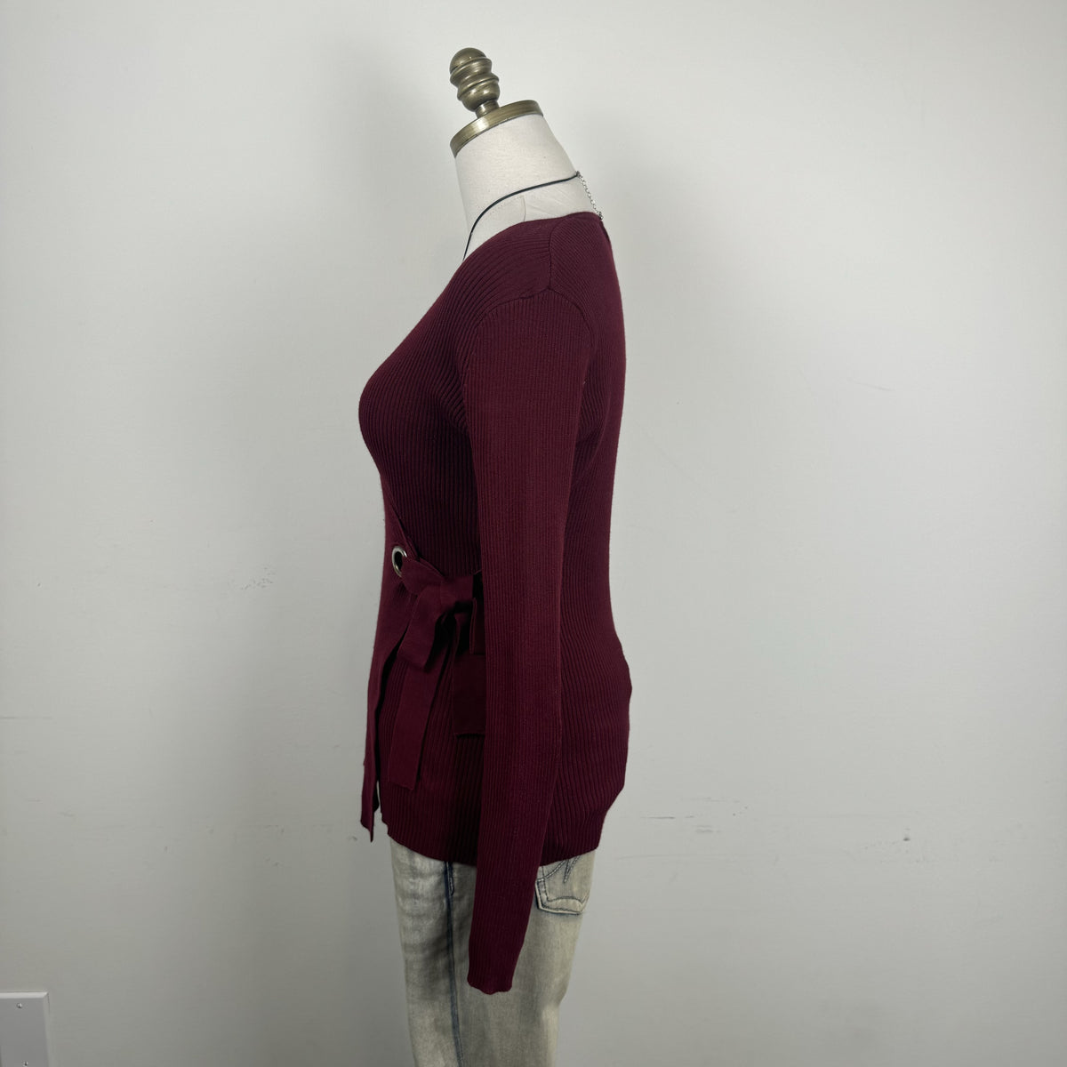 Burgundy Knit Long Sleeve Wrap Top with Tie Waist – view 3