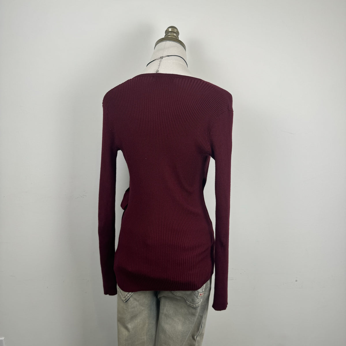 Burgundy Knit Long Sleeve Wrap Top with Tie Waist – view 4