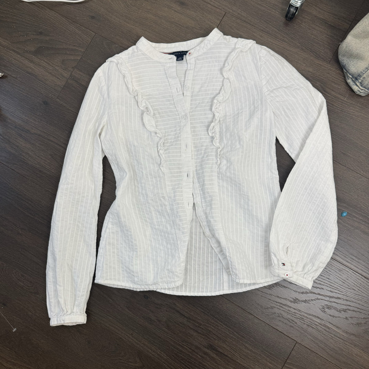 Tommy Hilfiger White Boho Mandarin Collar Ruffled Button Up Blouse – view 9