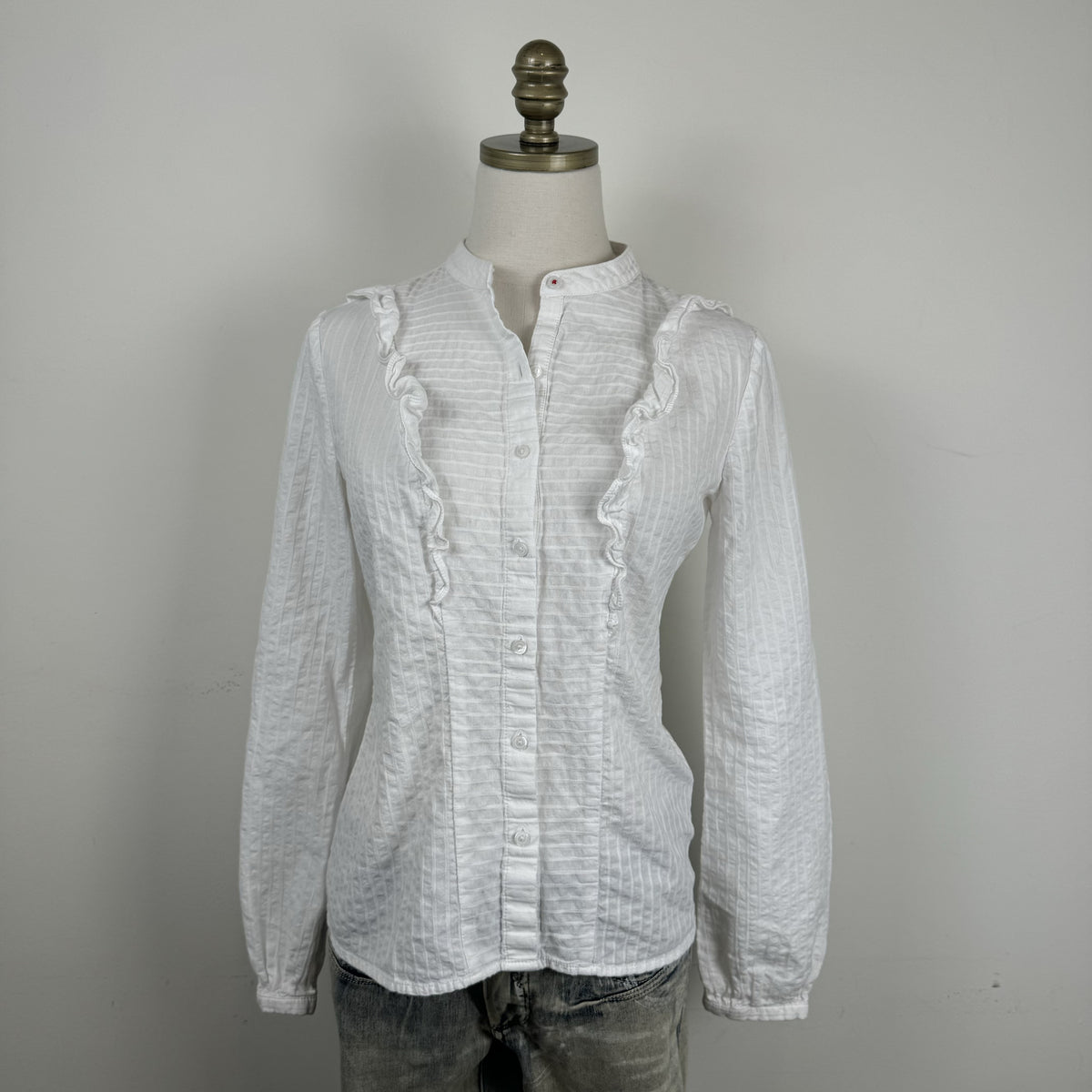Tommy Hilfiger White Boho Mandarin Collar Ruffled Button Up Blouse