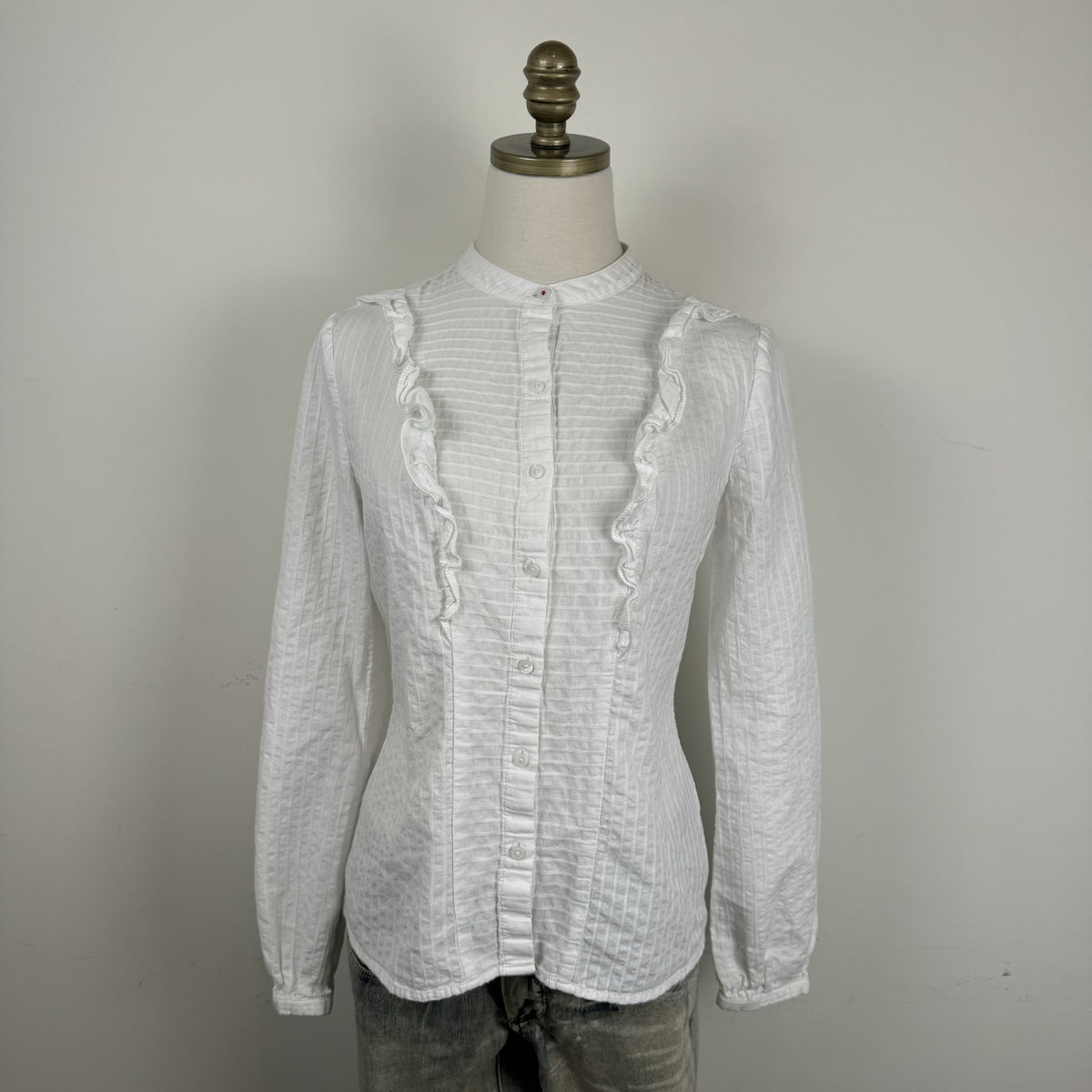 Tommy Hilfiger White Boho Mandarin Collar Ruffled Button Up Blouse – view 4