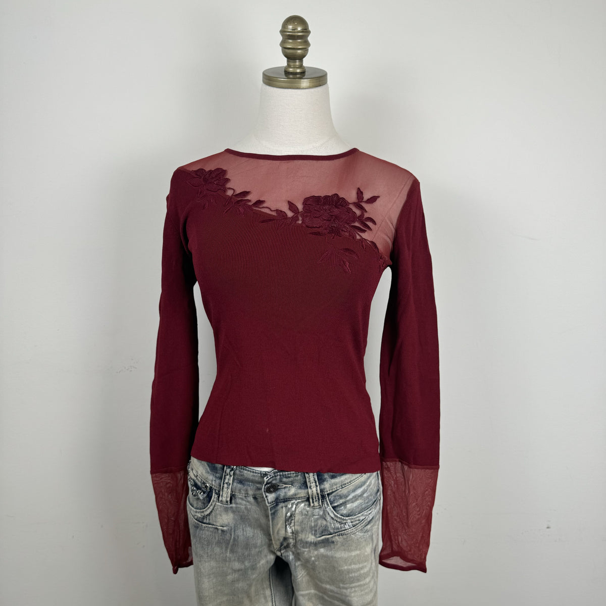 Vintage Burgundy Mesh Knit Embroidered Fitted Blouse