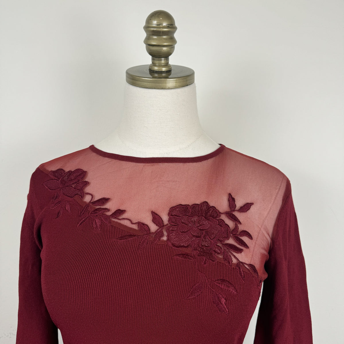 Vintage Burgundy Mesh Knit Embroidered Fitted Blouse – view 6