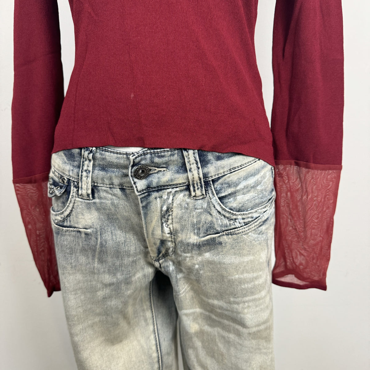 Vintage Burgundy Mesh Knit Embroidered Fitted Blouse – view 7