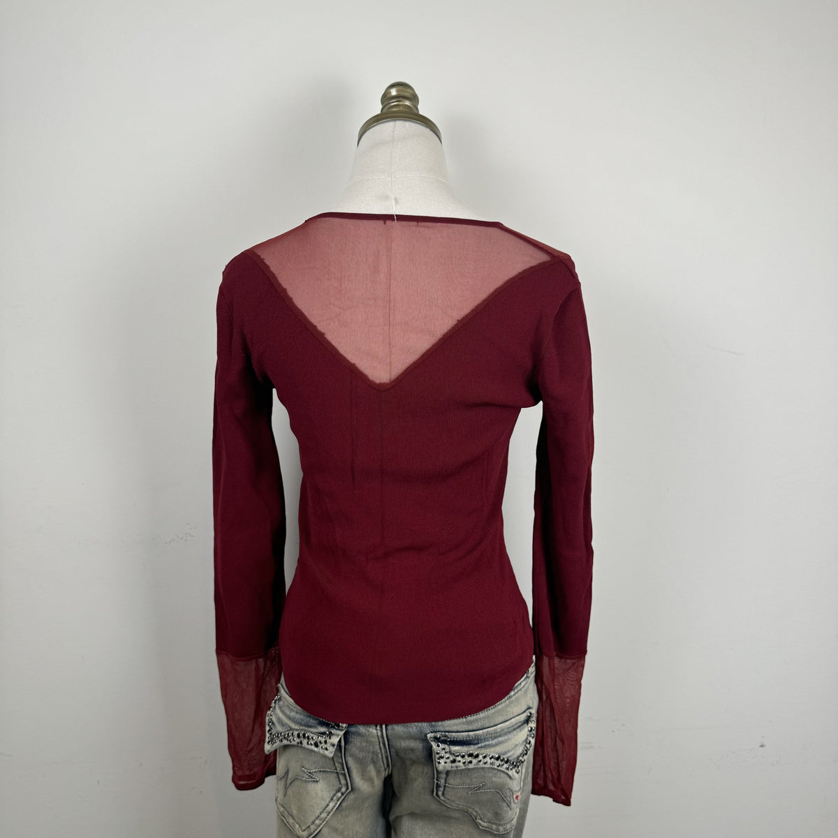 Vintage Burgundy Mesh Knit Embroidered Fitted Blouse – view 4