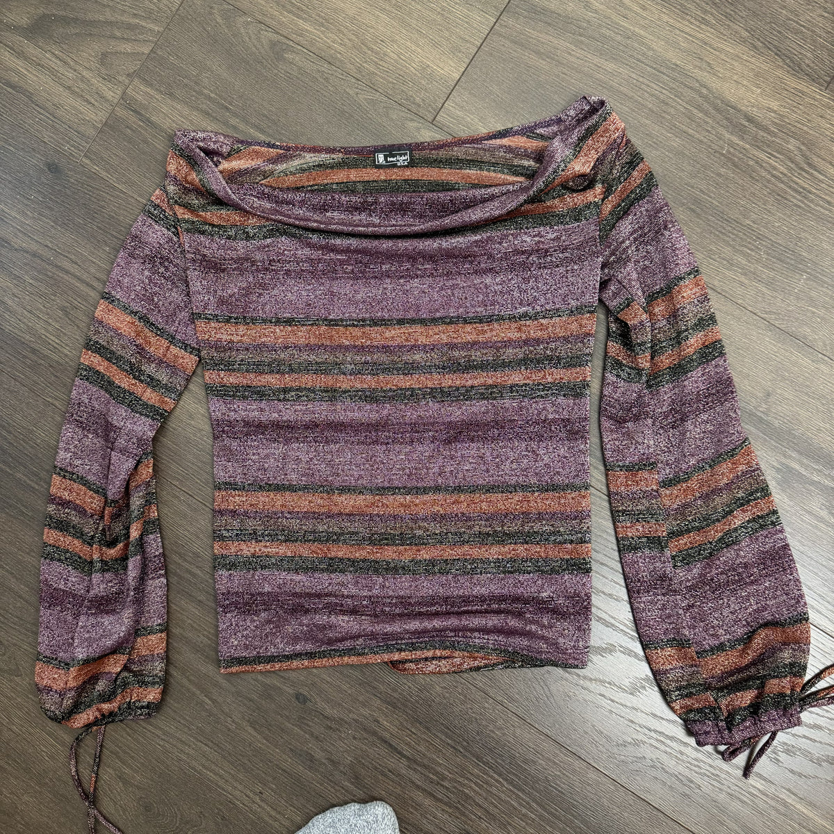 Vintage Purple Striped Off Shoulder Cowl Neck Long Sleeve Top – view 11