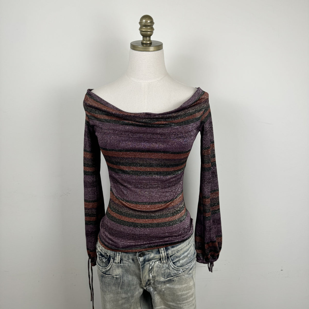 Vintage Purple Striped Off Shoulder Cowl Neck Long Sleeve Top