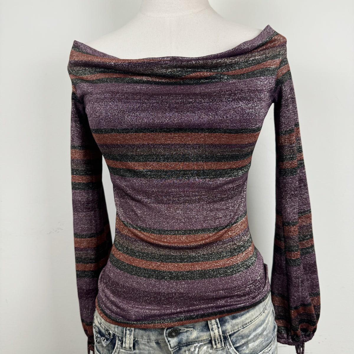 Vintage Purple Striped Off Shoulder Cowl Neck Long Sleeve Top – view 2