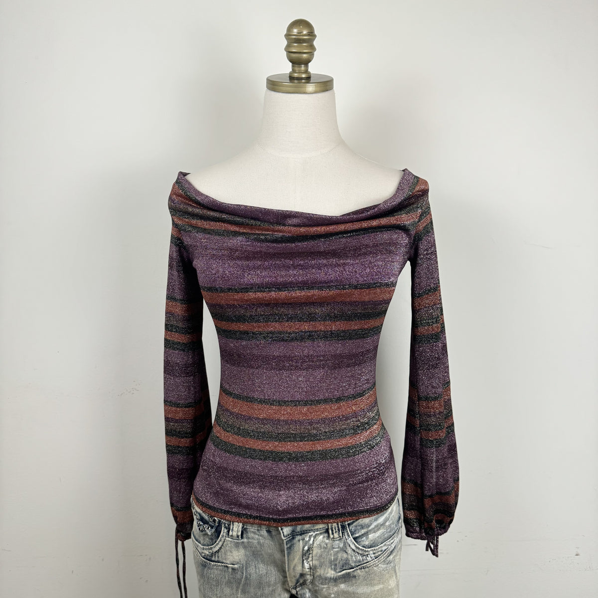Vintage Purple Striped Off Shoulder Cowl Neck Long Sleeve Top – view 3