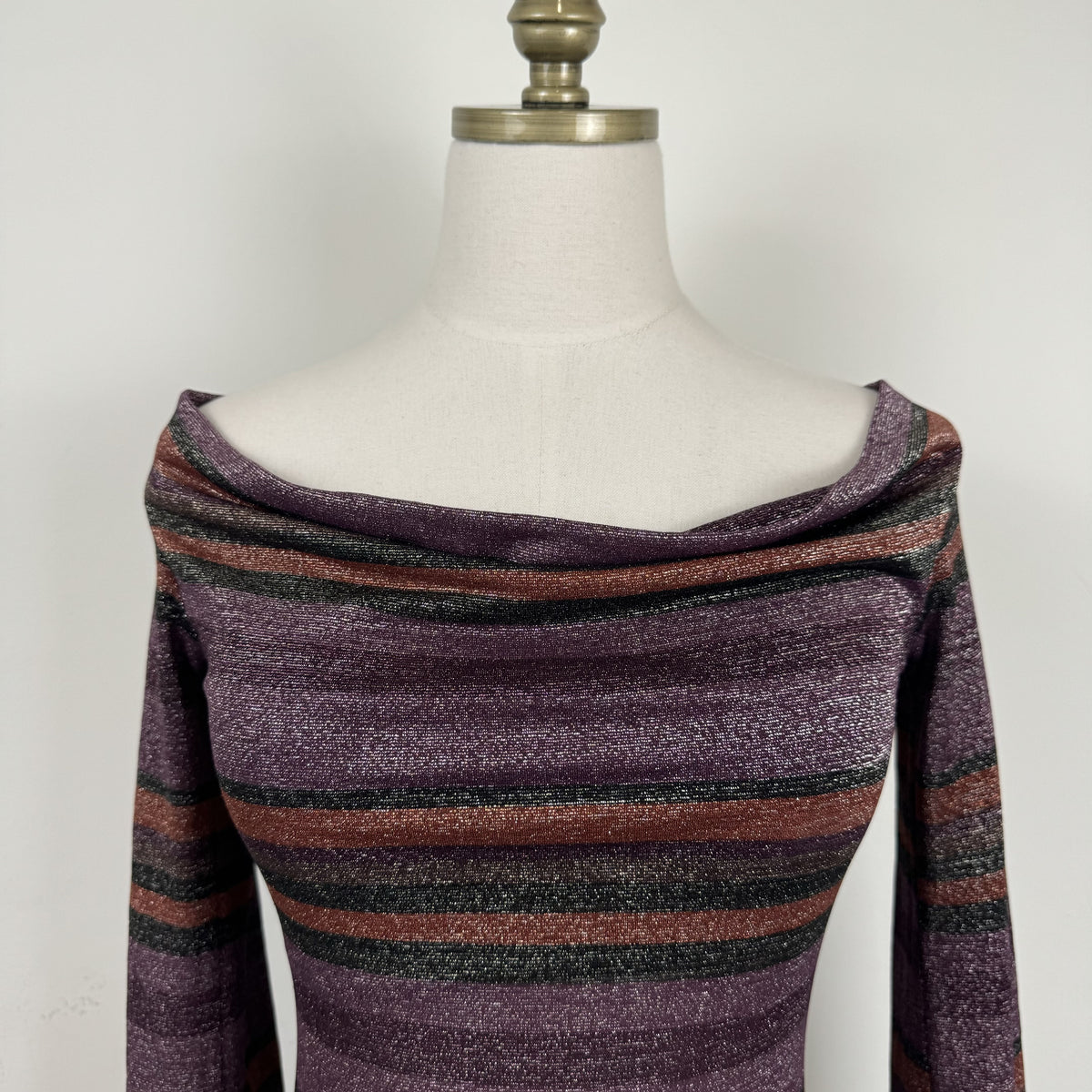 Vintage Purple Striped Off Shoulder Cowl Neck Long Sleeve Top – view 9