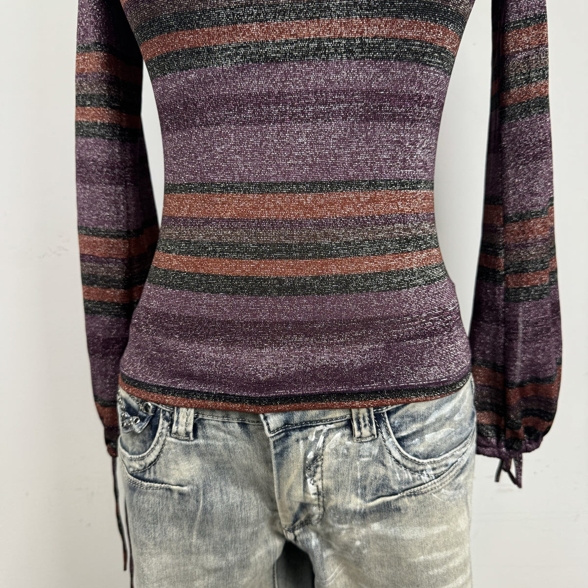 Vintage Purple Striped Off Shoulder Cowl Neck Long Sleeve Top – view 10