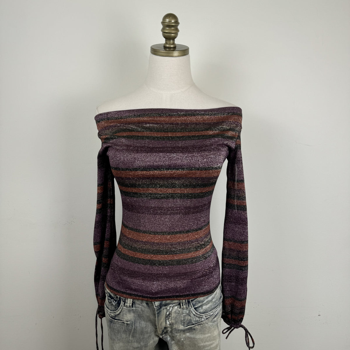 Vintage Purple Striped Off Shoulder Cowl Neck Long Sleeve Top – view 4