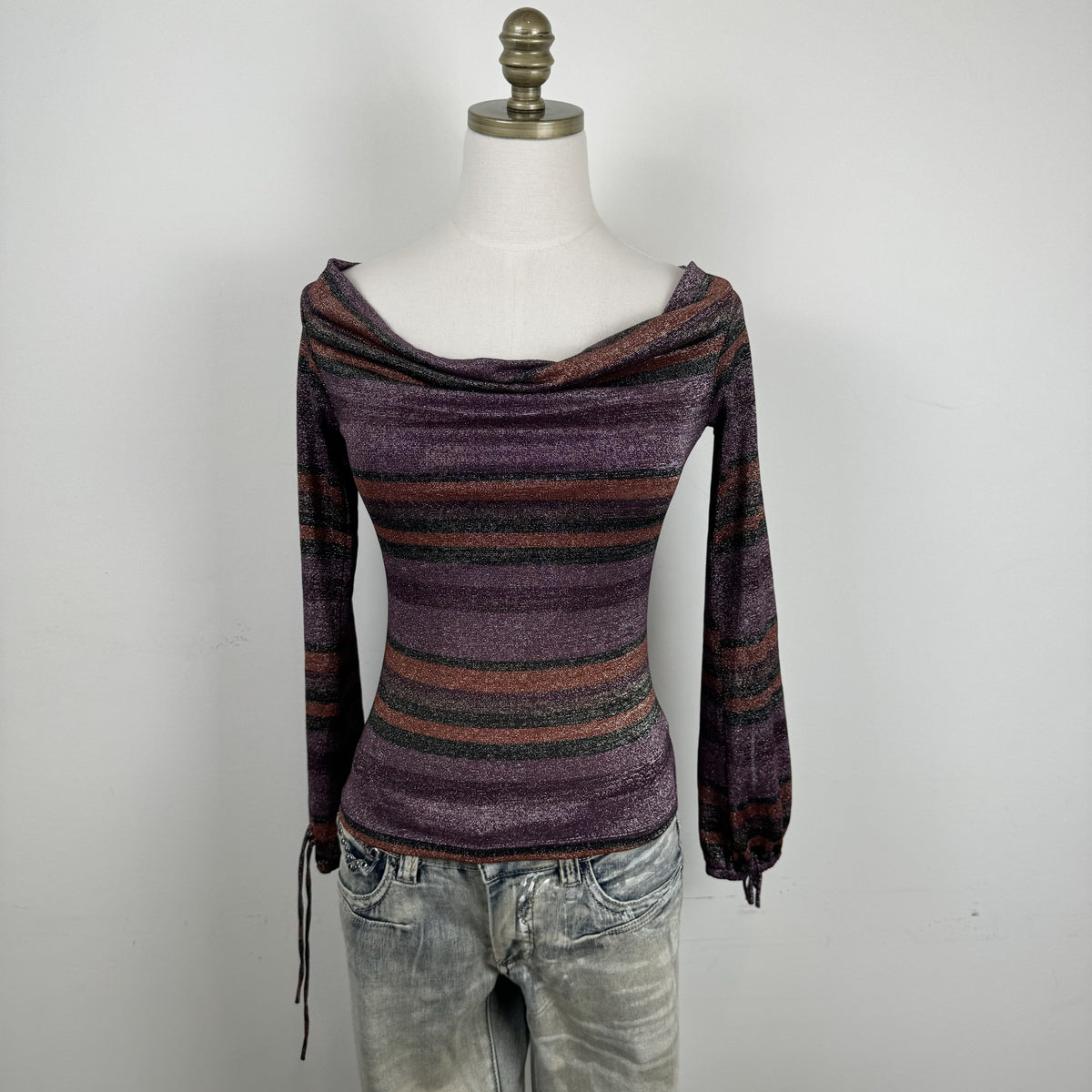 Vintage Purple Striped Off Shoulder Cowl Neck Long Sleeve Top – view 5