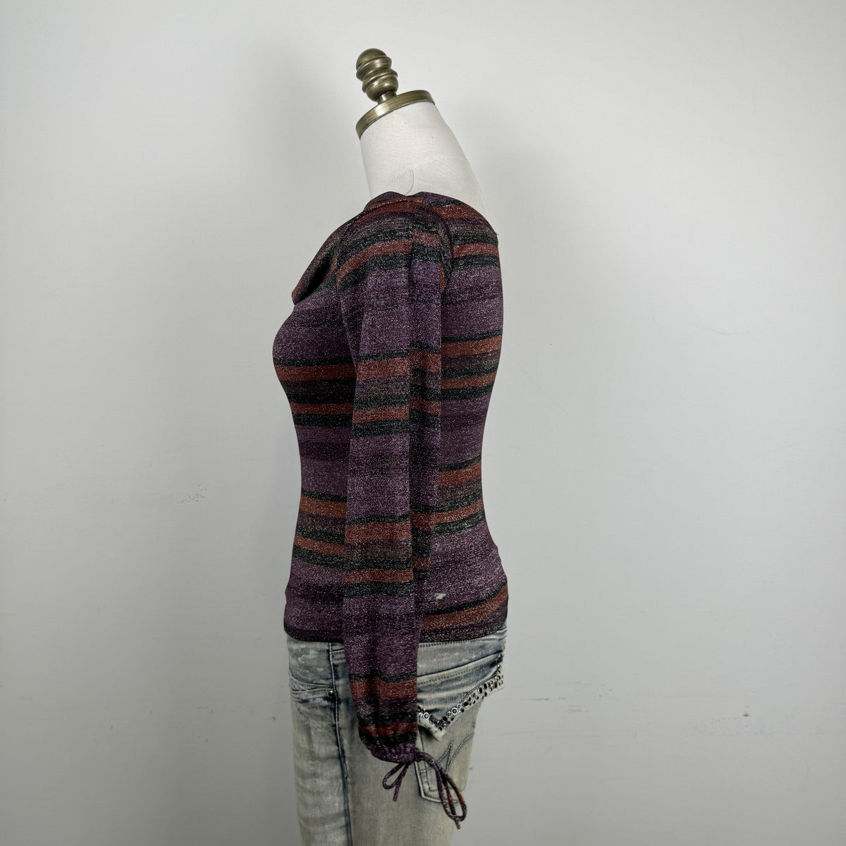 Vintage Purple Striped Off Shoulder Cowl Neck Long Sleeve Top – view 6