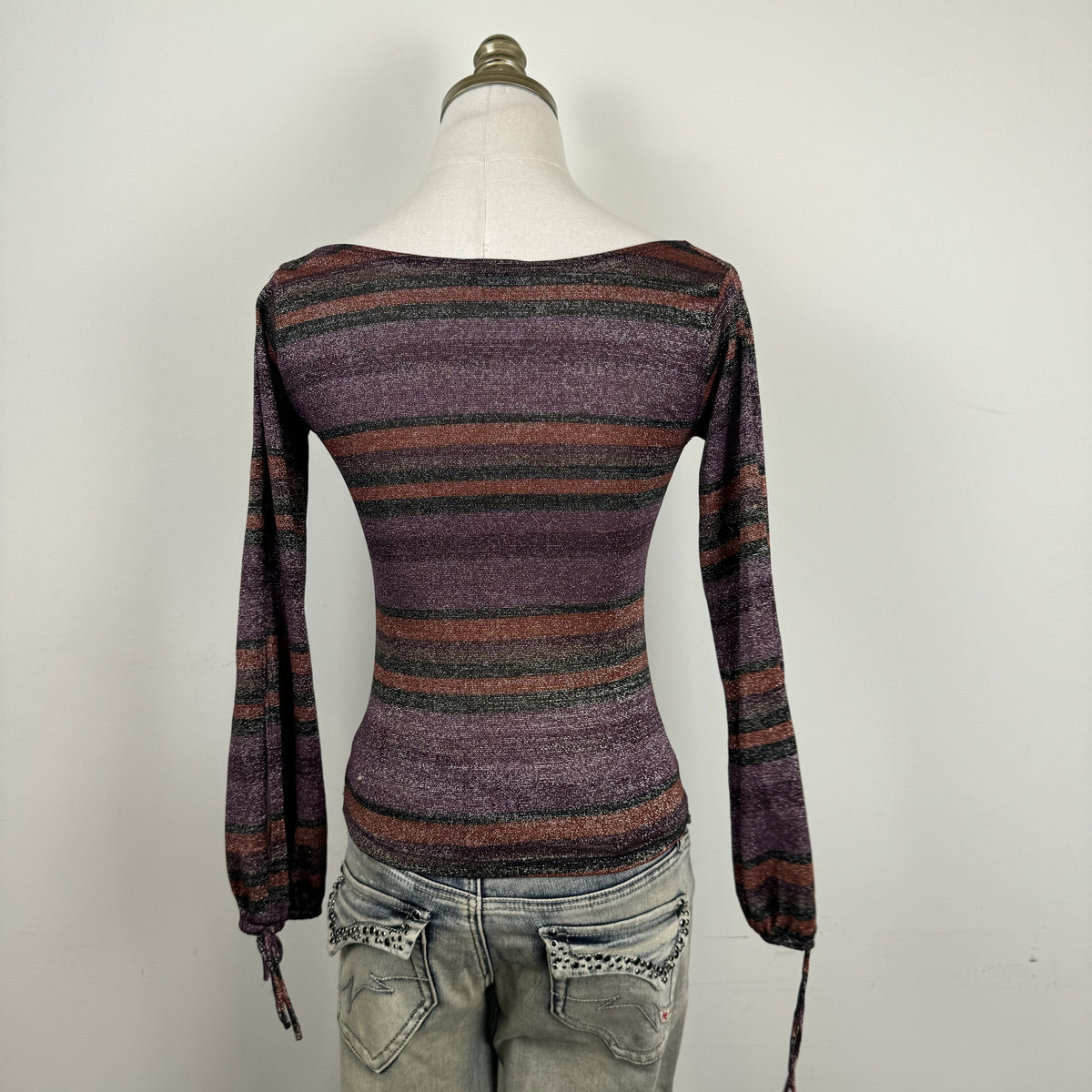 Vintage Purple Striped Off Shoulder Cowl Neck Long Sleeve Top – view 7