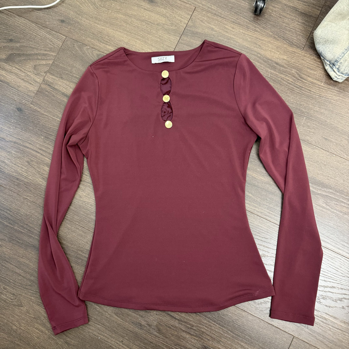 Vintage Suzy Shier Burgundy High Neck Mesh Detail Fitted Long Sleeve Top – view 6