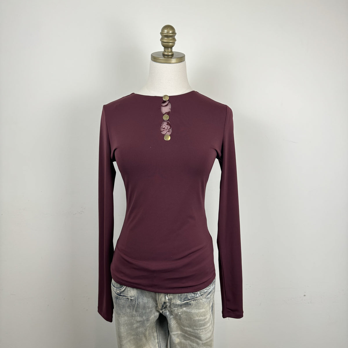 Vintage Suzy Shier Burgundy High Neck Mesh Detail Fitted Long Sleeve Top