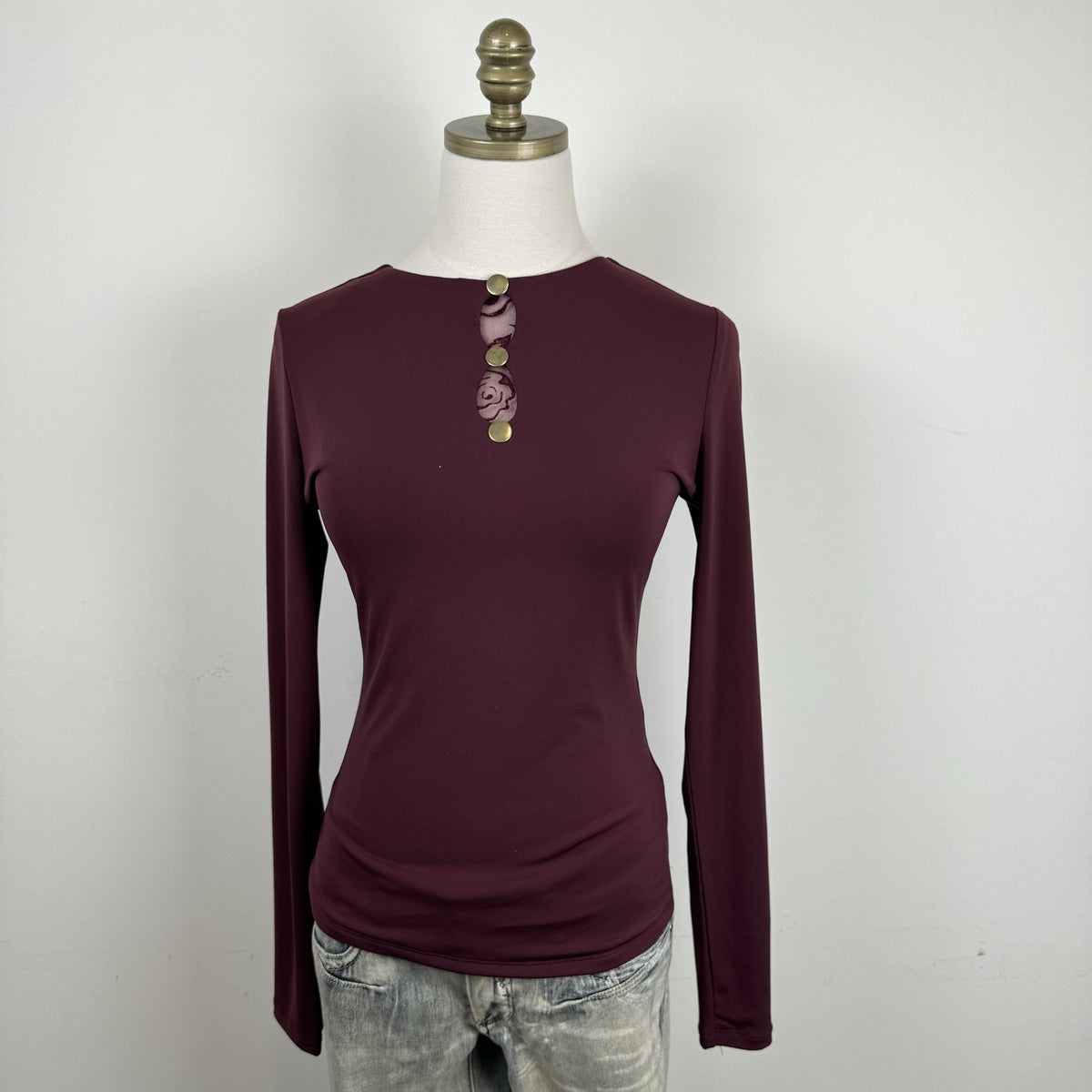 Vintage Suzy Shier Burgundy High Neck Mesh Detail Fitted Long Sleeve Top – view 2
