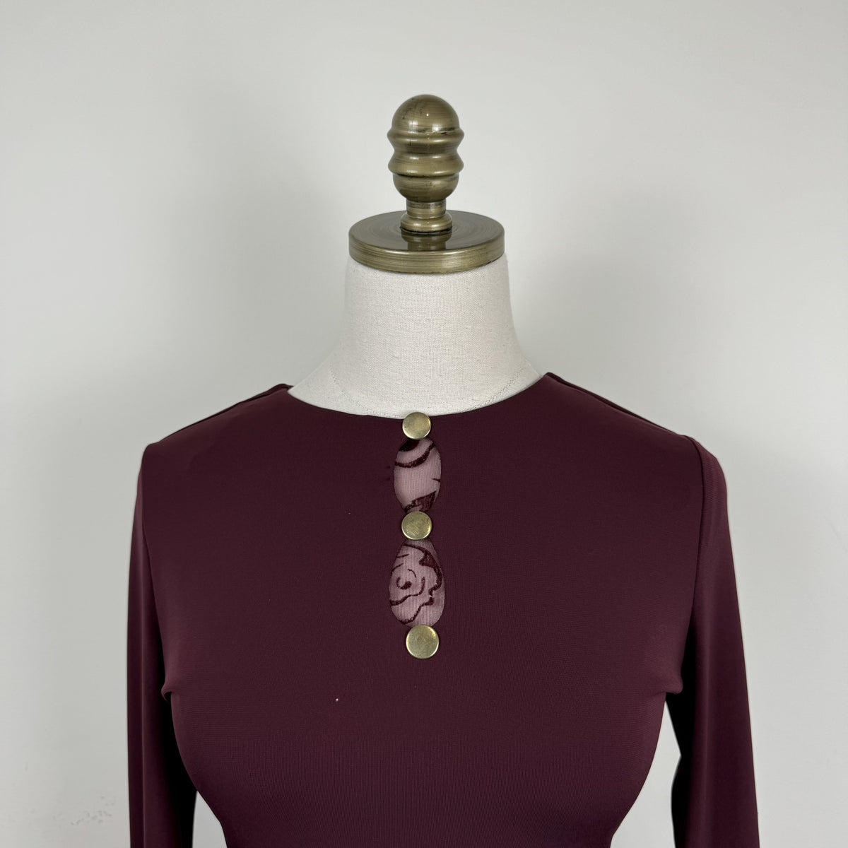 Vintage Suzy Shier Burgundy High Neck Mesh Detail Fitted Long Sleeve Top – view 5