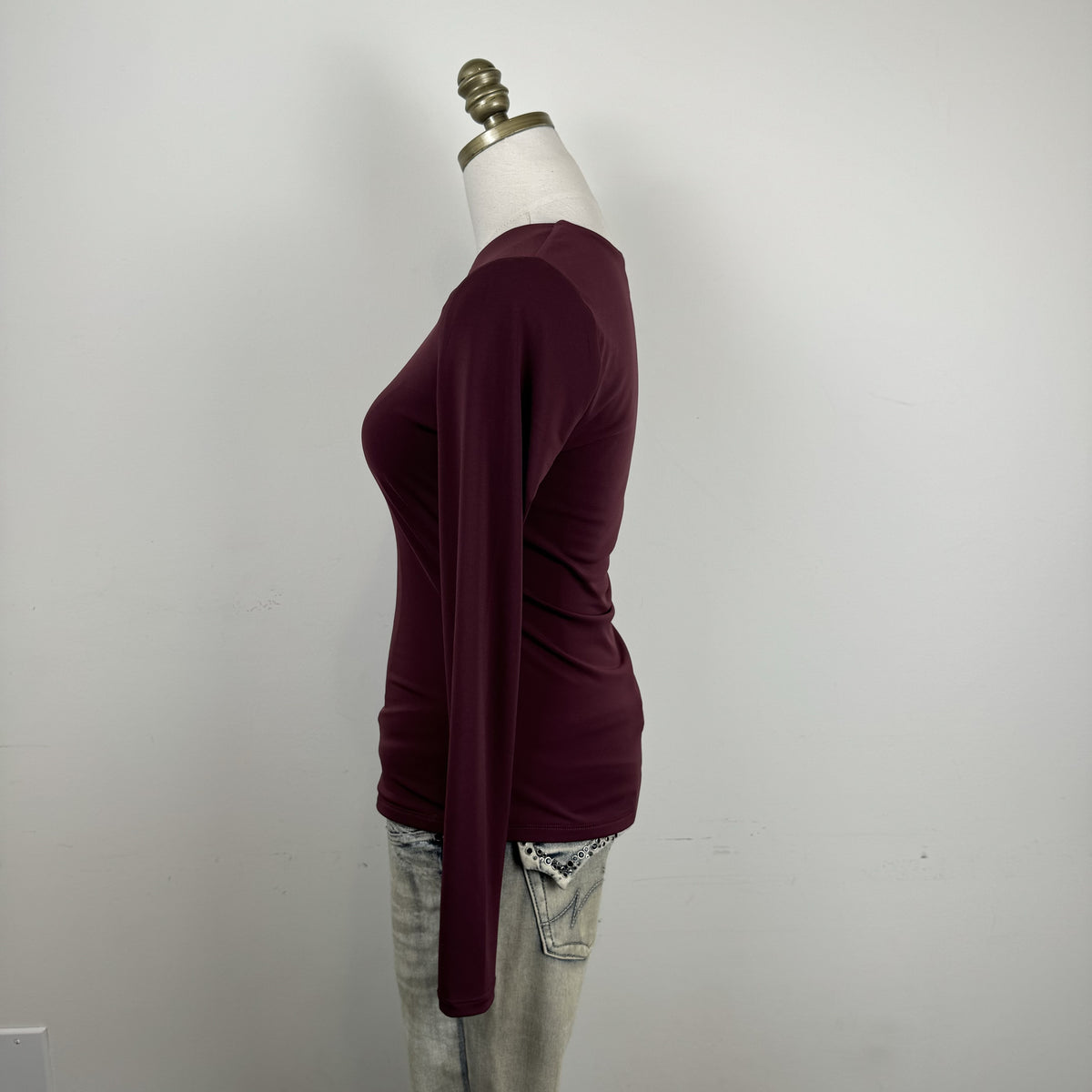 Vintage Suzy Shier Burgundy High Neck Mesh Detail Fitted Long Sleeve Top – view 3