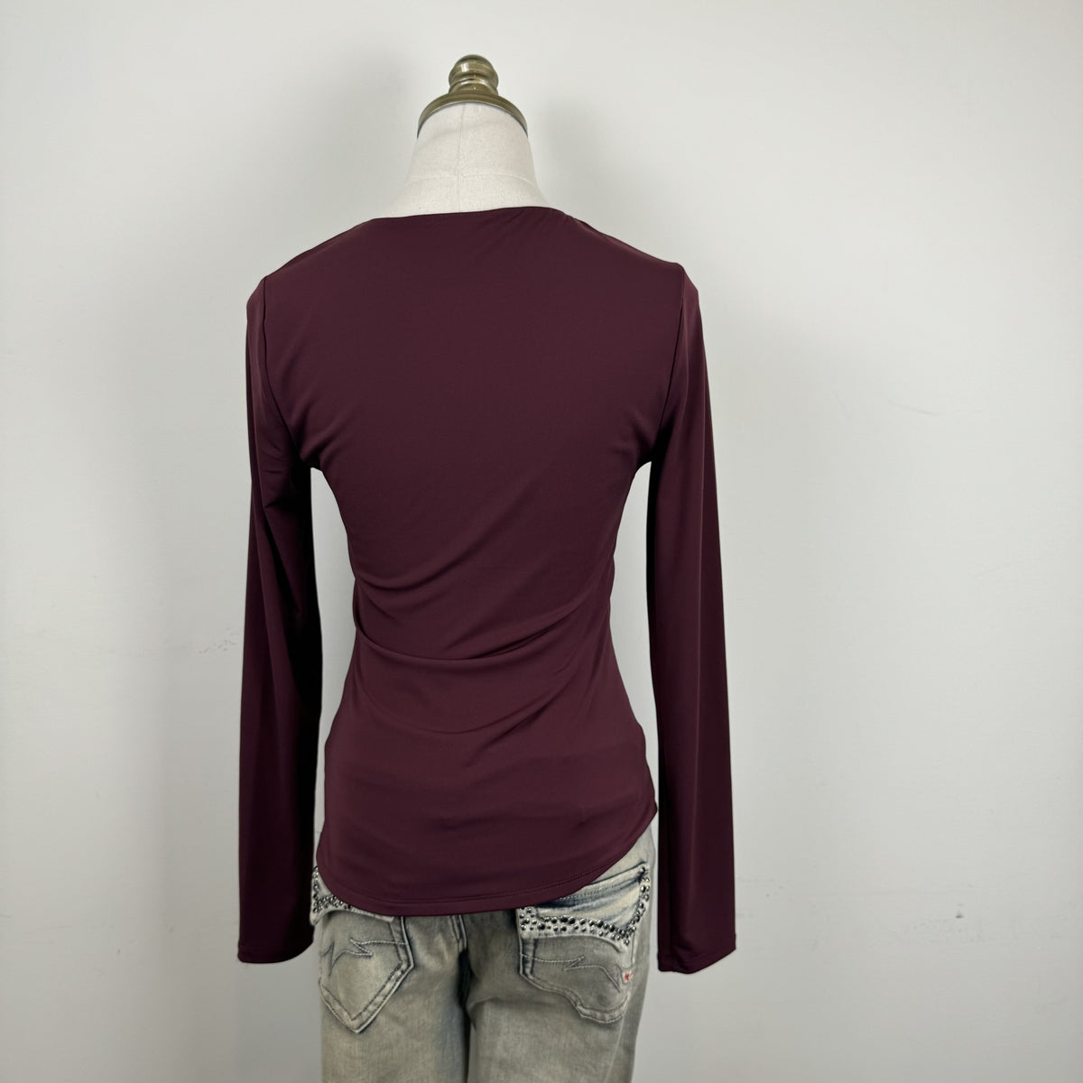 Vintage Suzy Shier Burgundy High Neck Mesh Detail Fitted Long Sleeve Top – view 4