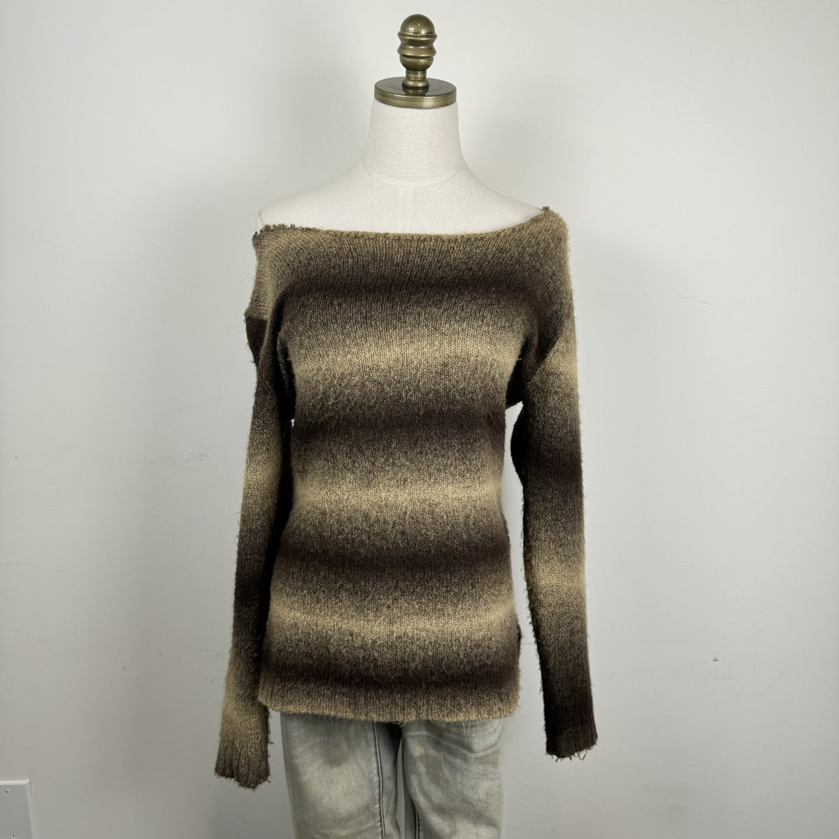 Brown Ombre Off Shoulder Fuzzy Knit Sweater with Raw Hem