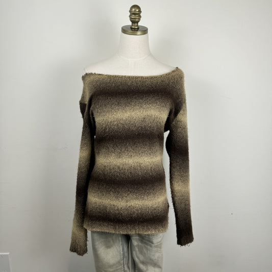 Brown Ombre Off Shoulder Fuzzy Knit Sweater with Raw Hem