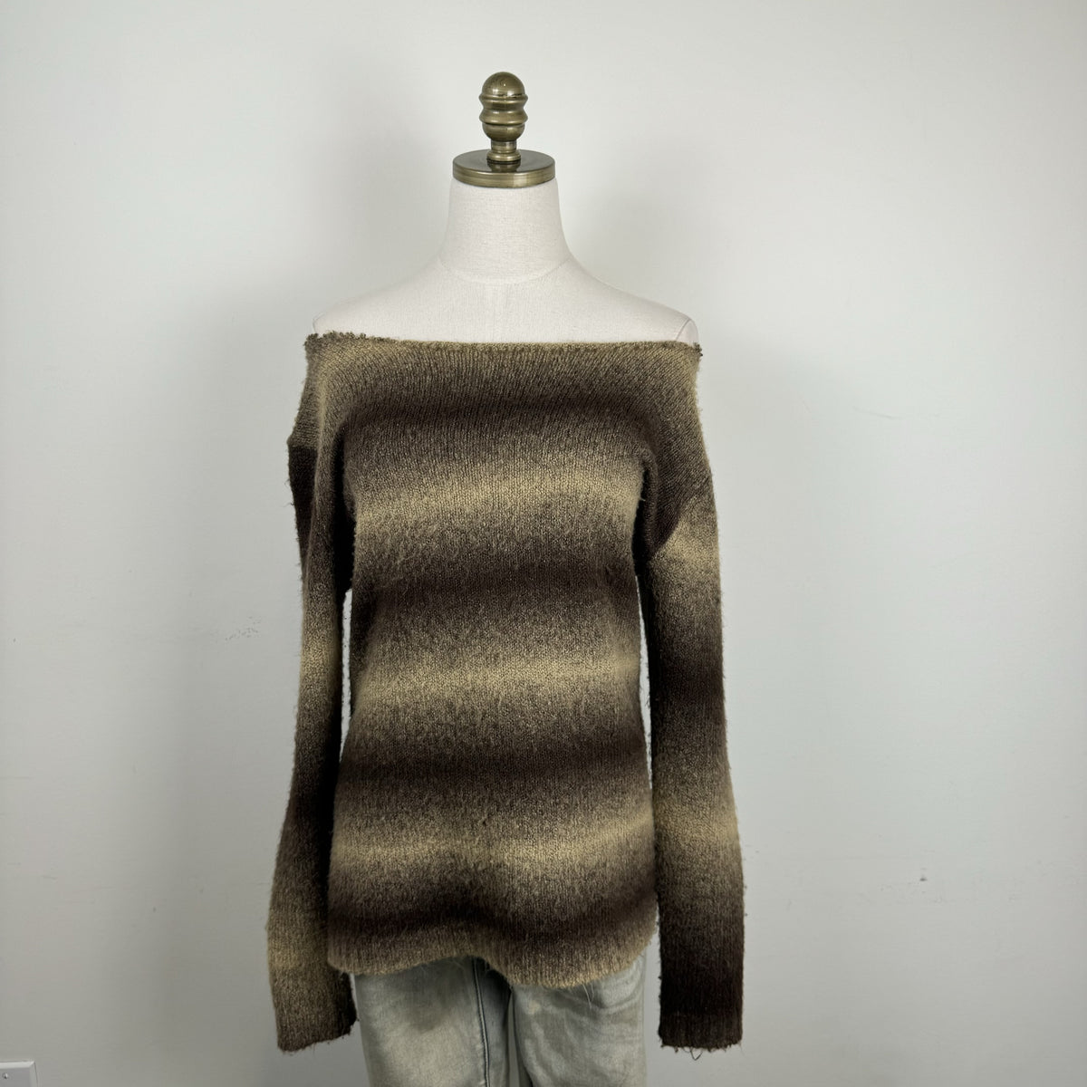 Brown Ombre Off Shoulder Fuzzy Knit Sweater with Raw Hem – view 2