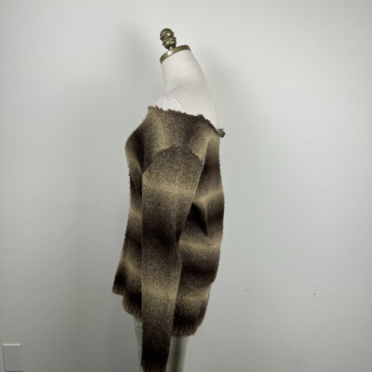 Brown Ombre Off Shoulder Fuzzy Knit Sweater with Raw Hem – view 3