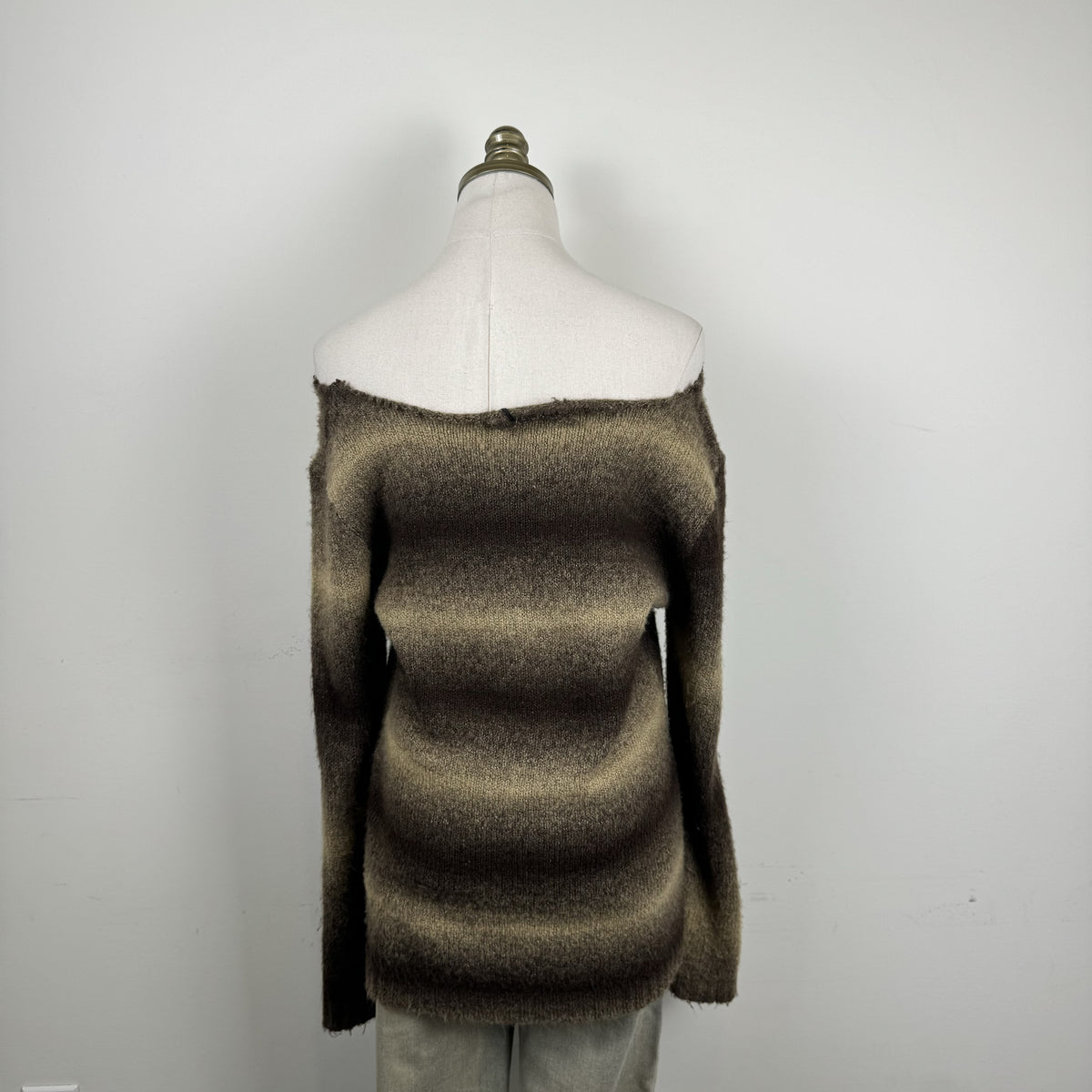 Brown Ombre Off Shoulder Fuzzy Knit Sweater with Raw Hem – view 4