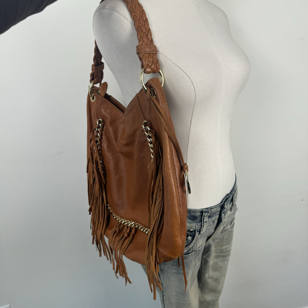 Vintage Michael Kors Tan Leather Fringe Bag with Braided Handle