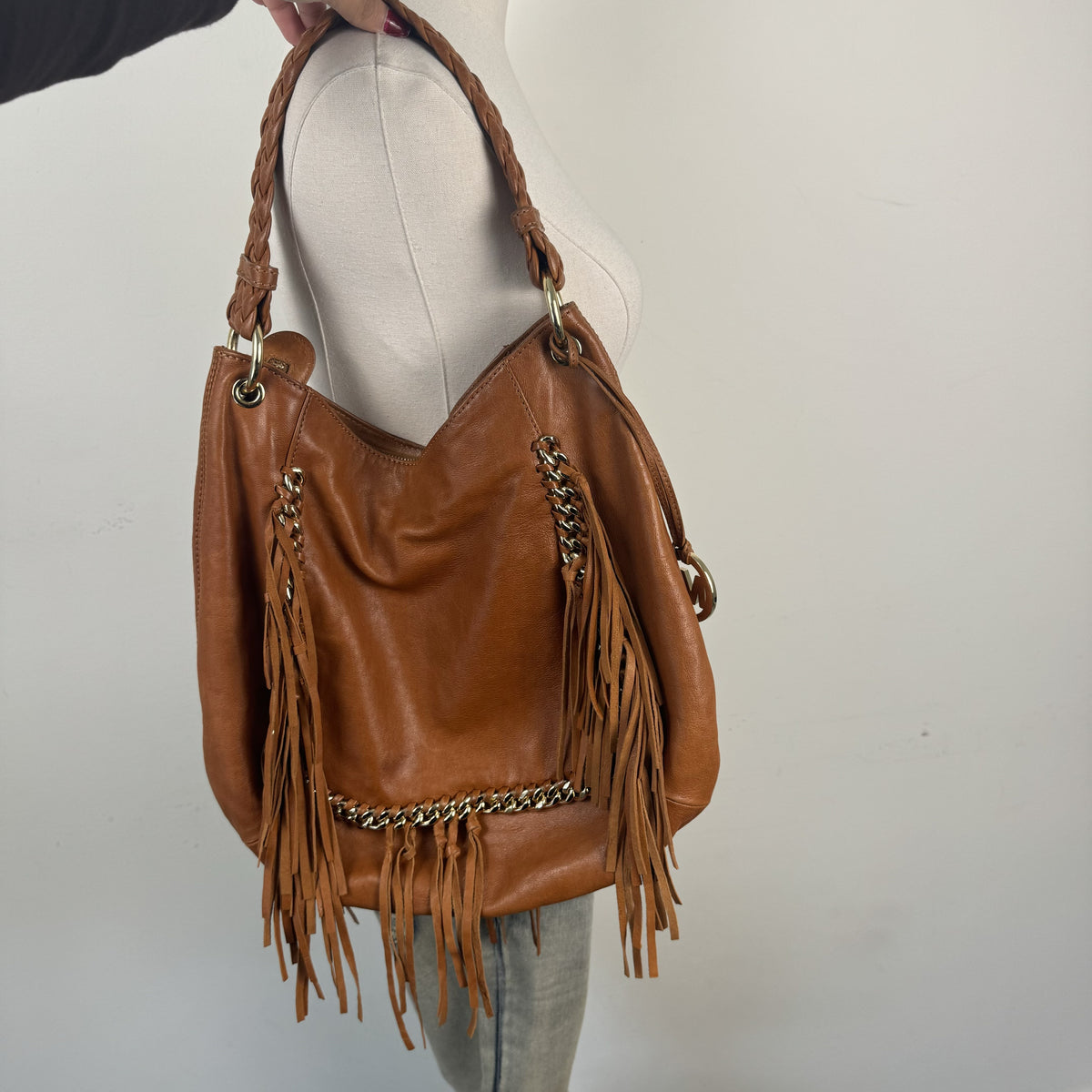 Vintage Michael Kors Tan Leather Fringe Bag with Braided Handle – view 2