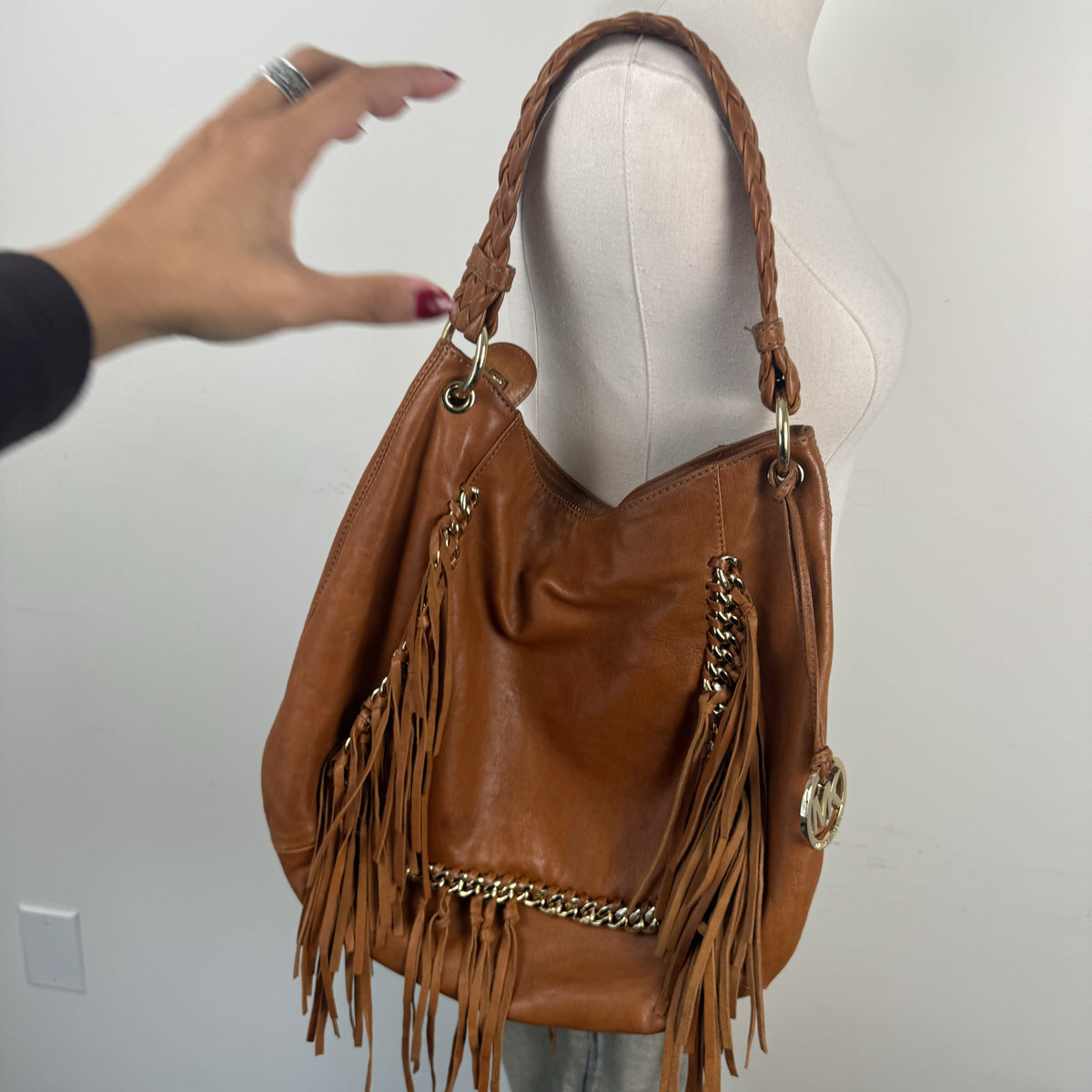 Vintage Michael Kors Tan Leather Fringe Bag with Braided Handle – view 3