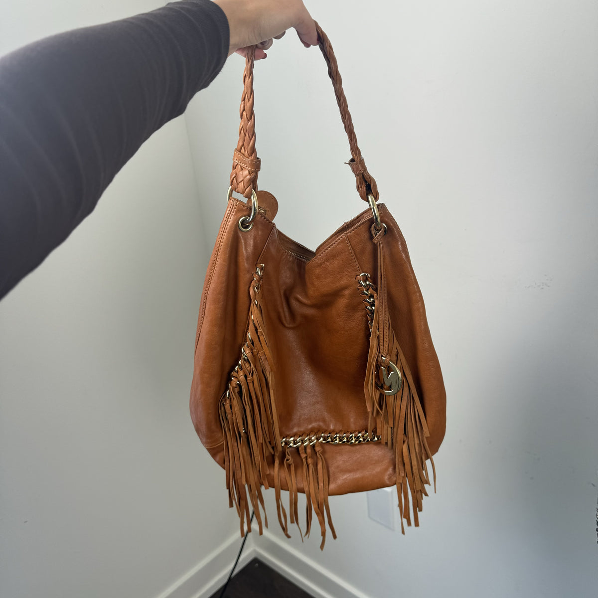 Vintage Michael Kors Tan Leather Fringe Bag with Braided Handle – view 6