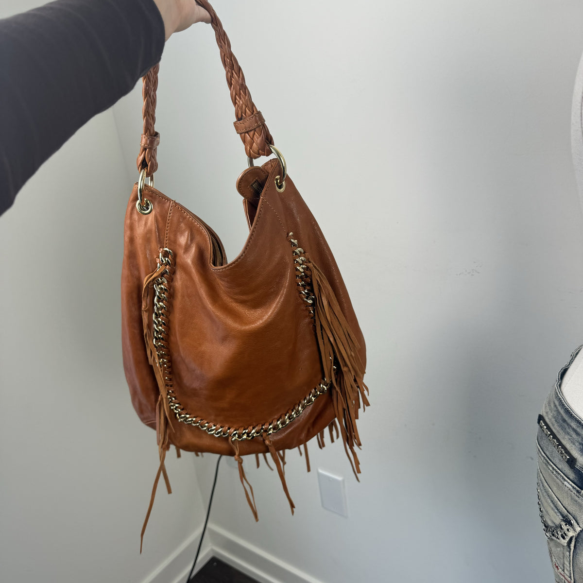 Vintage Michael Kors Tan Leather Fringe Bag with Braided Handle – view 7
