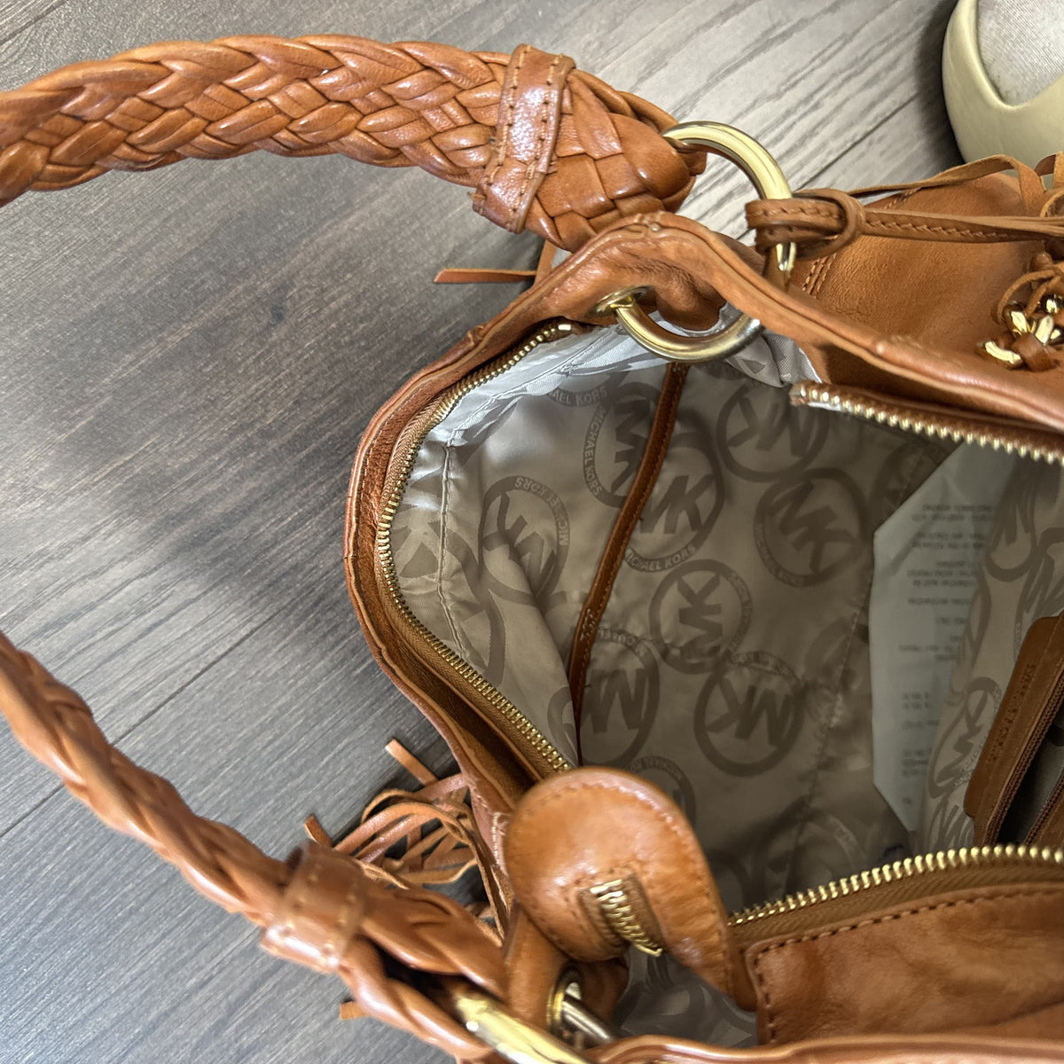 Vintage Michael Kors Tan Leather Fringe Bag with Braided Handle – view 5