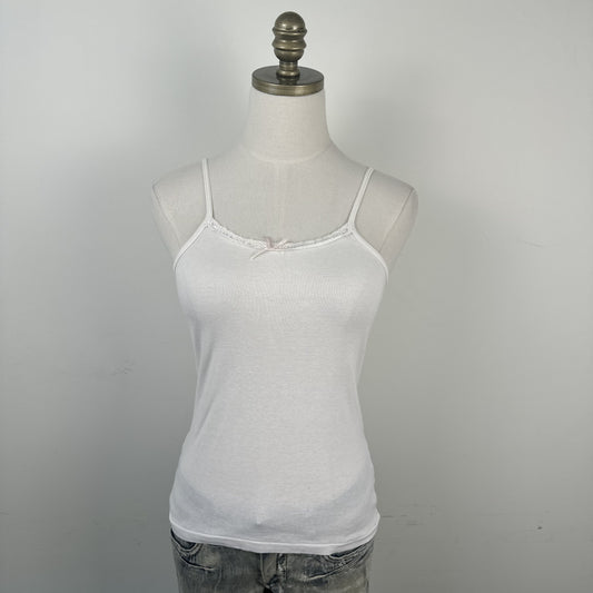 Vintage Cream Knit Tank Top with Pink Ribbon Trim – view 3